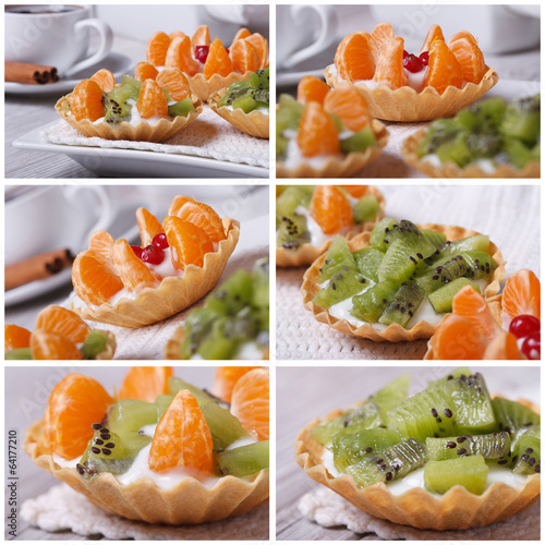 Set of photo fruit tartlets with kiwi and tangerine