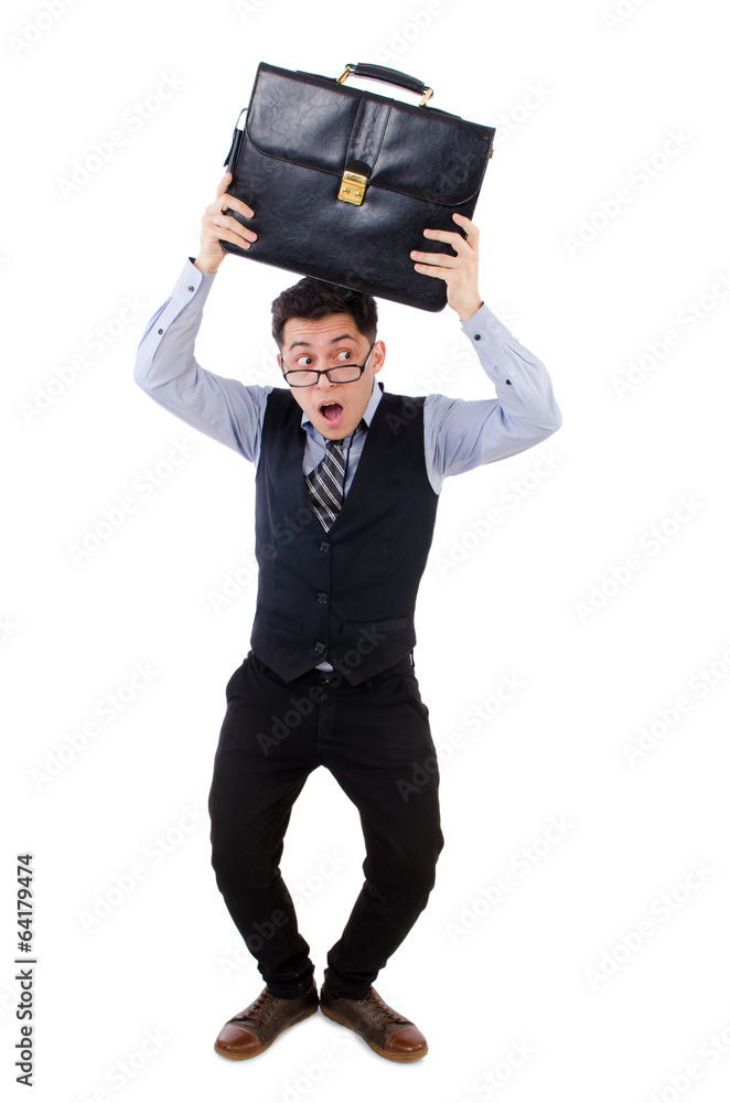 Funny businessman with briefcase isolated on white Funny businessman with briefcase isolated on white