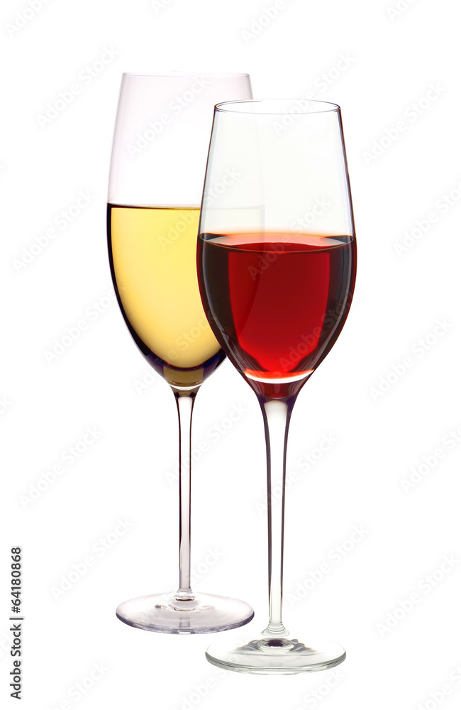 Wineglasses with white and red wine isolated on white