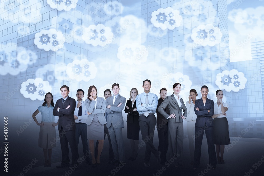 Business team against cogs and wheels background Business team against cogs and wheels background