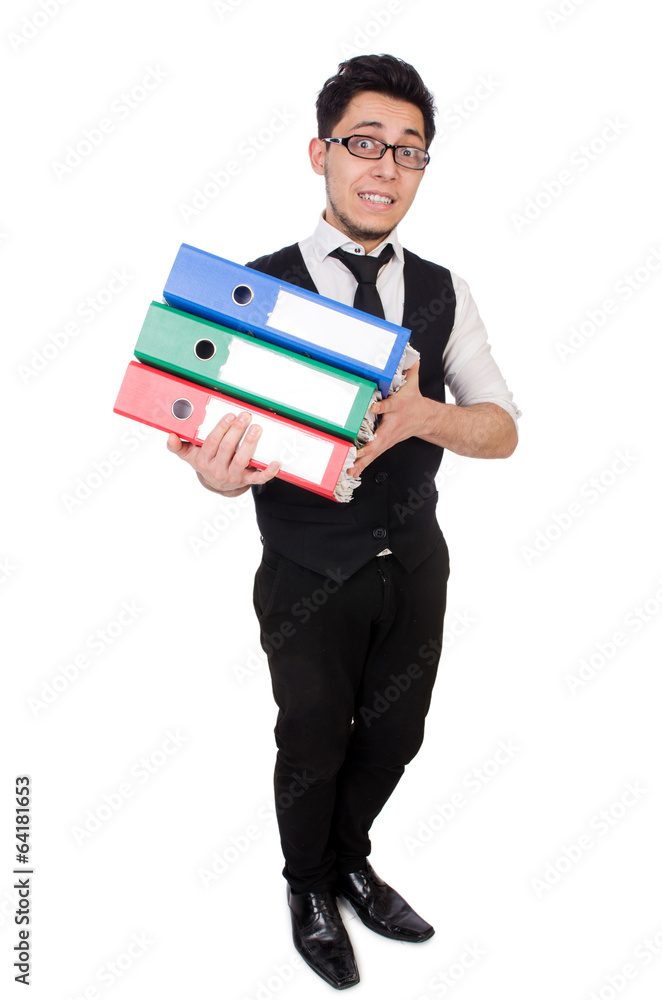 Funny man with lots of folders on white Funny man with lots of folders on white