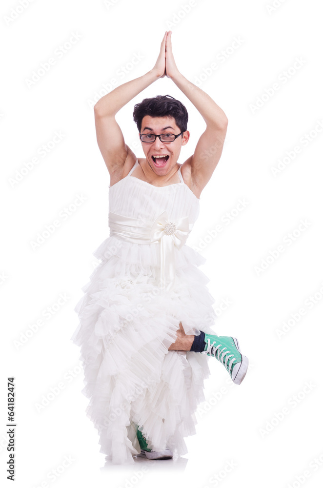 Funny dancing man wearing in woman dress isolated on white Stock Photo |  Adobe Stock