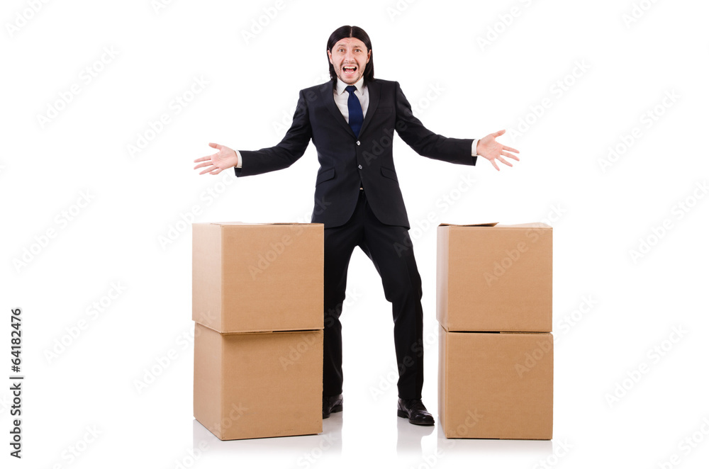 Funny man with boxes on white Funny man with boxes on white