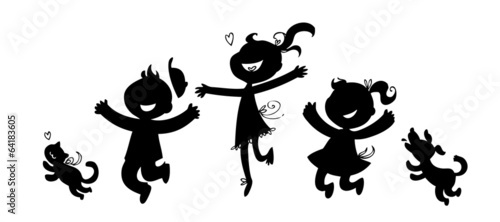 Black silhouettes of boy, two girls, cat and dog