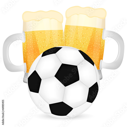two mugs of beer and a soccer ball