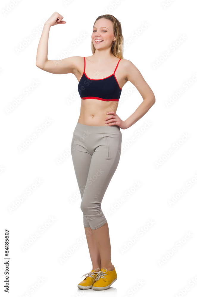 Young female doing exercises on white Young female doing exercises on white