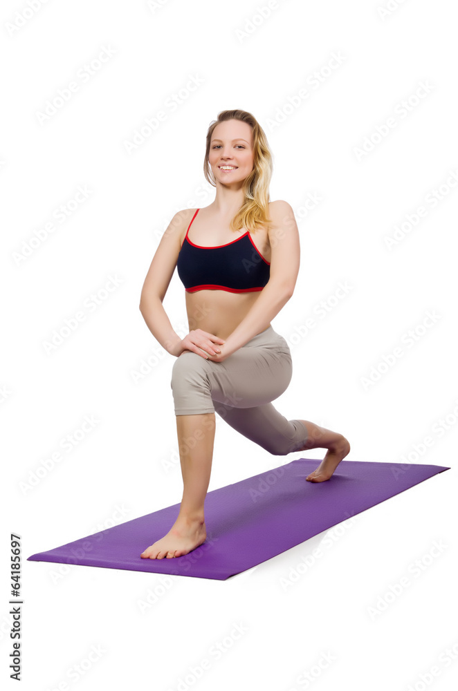 Young female doing exercises on white Young female doing exercises on white