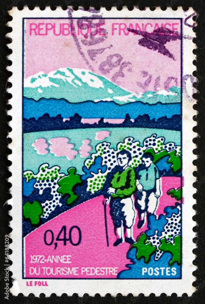 Postage stamp France 1972 Hikers and Mt. Aigoual