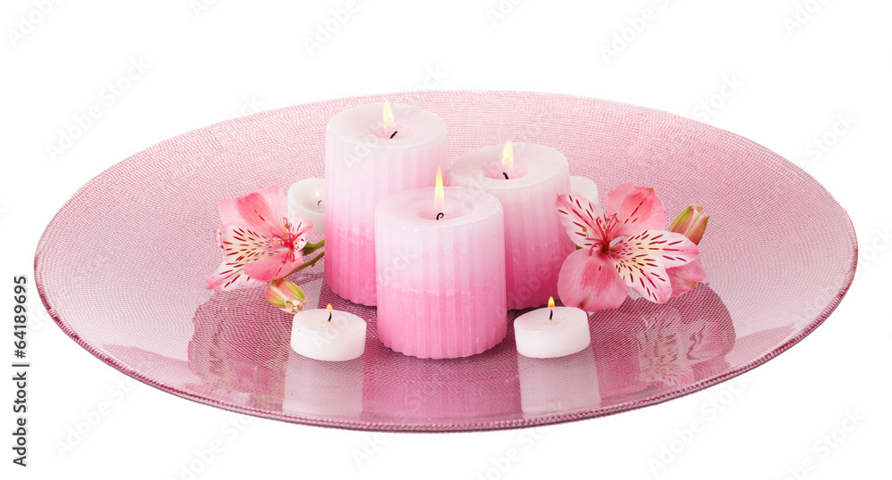 Beautiful candles with flowers isolated on white Beautiful candles with flowers isolated on white