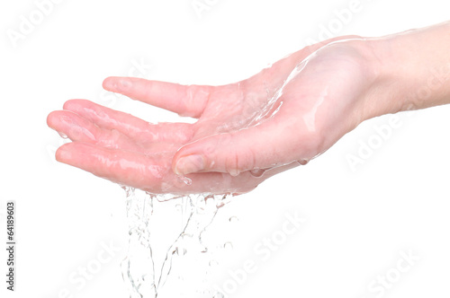 Human hand with water splashing on them isolated on white