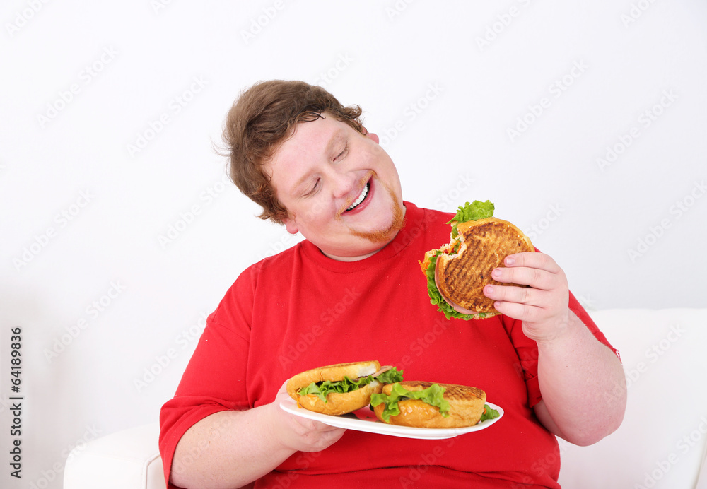 Fat man eating tasty sandwich on home interior background Fat man eating tasty sandwich on home interior background