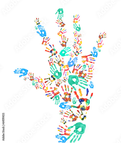 Colorful handprints in shape of human hand isolated on white
