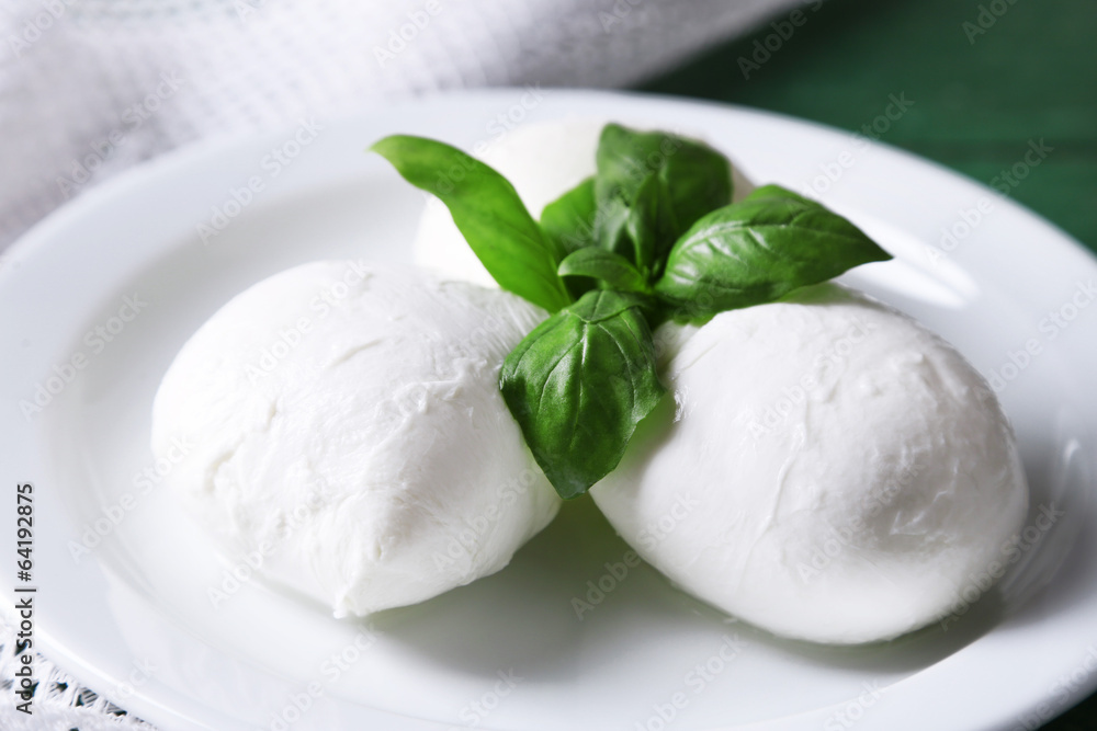 Tasty mozzarella cheese with basil