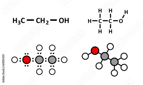 Alcohol (ethanol, ethyl alcohol) molecule, chemical structure.