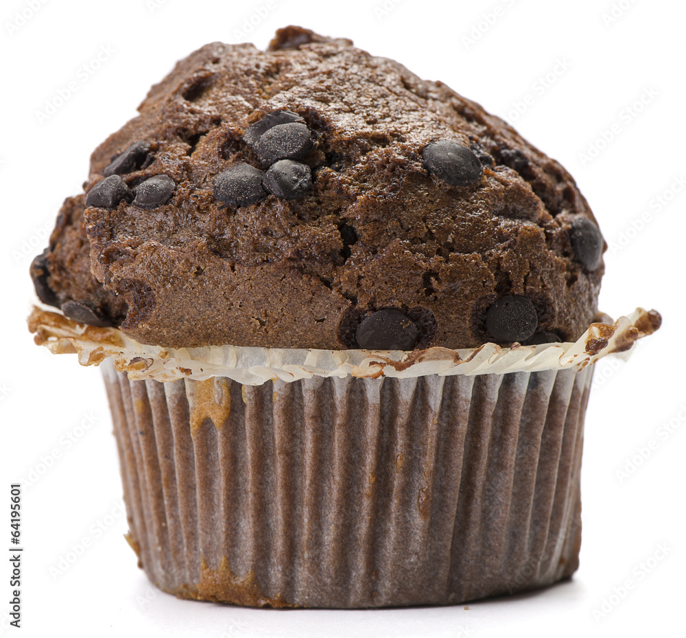 Homemade chocolate muffin isolated on white background Homemade chocolate muffin isolated on white background