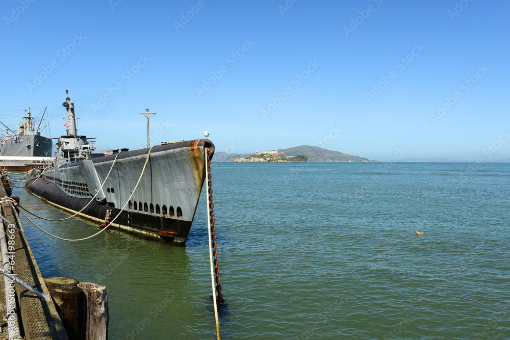 USS Pampanito submarine and Alcatraz Island, San Francisco