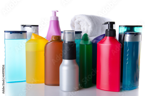 Several bottles of shower gel and shampoo