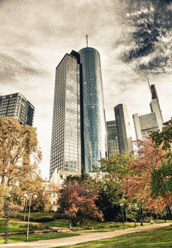 Modern buildings and skyline of Frankfurt from a beautiful park