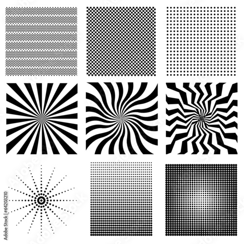 Nine very needed vector pattern: halftone, rays,cell, zigzag