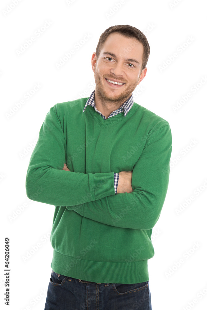 Lachender positiver Mann in grünem Pullover - freigestellt. Lachender positiver Mann in grünem Pullover - freigestellt.