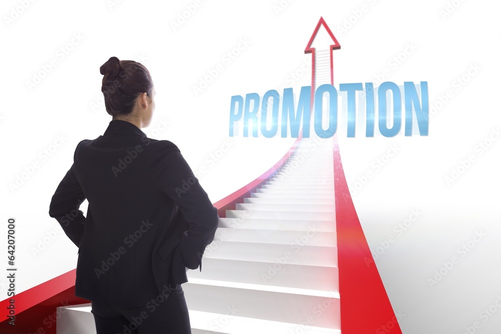 Promotion against red arrow with steps graphic