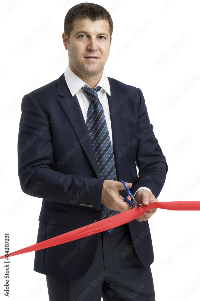 A man cutting a red ribbon, opening ceremony, isolated on white A man cutting a red ribbon, opening ceremony, isolated on white