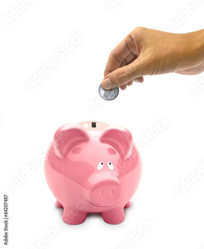 Piggy Bank with Hand Holding a Coin