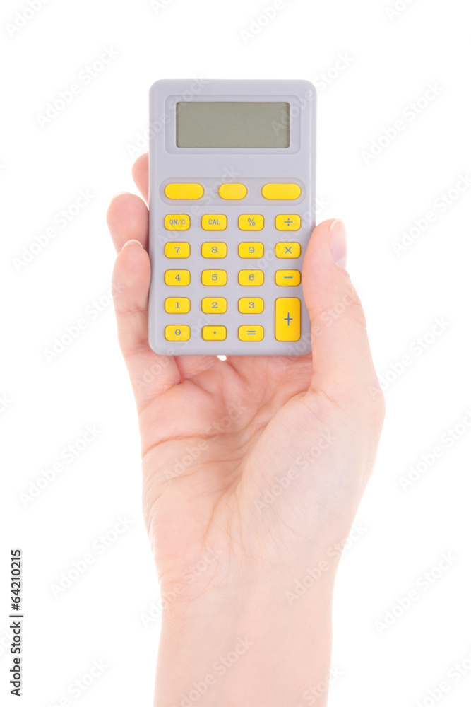 pocket calculator in woman hand isolated on white