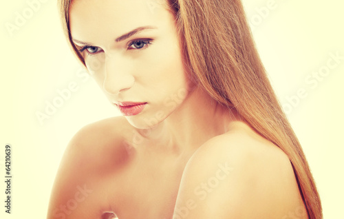 Portrait of beautiful caucasian woman with fresh clean skin.