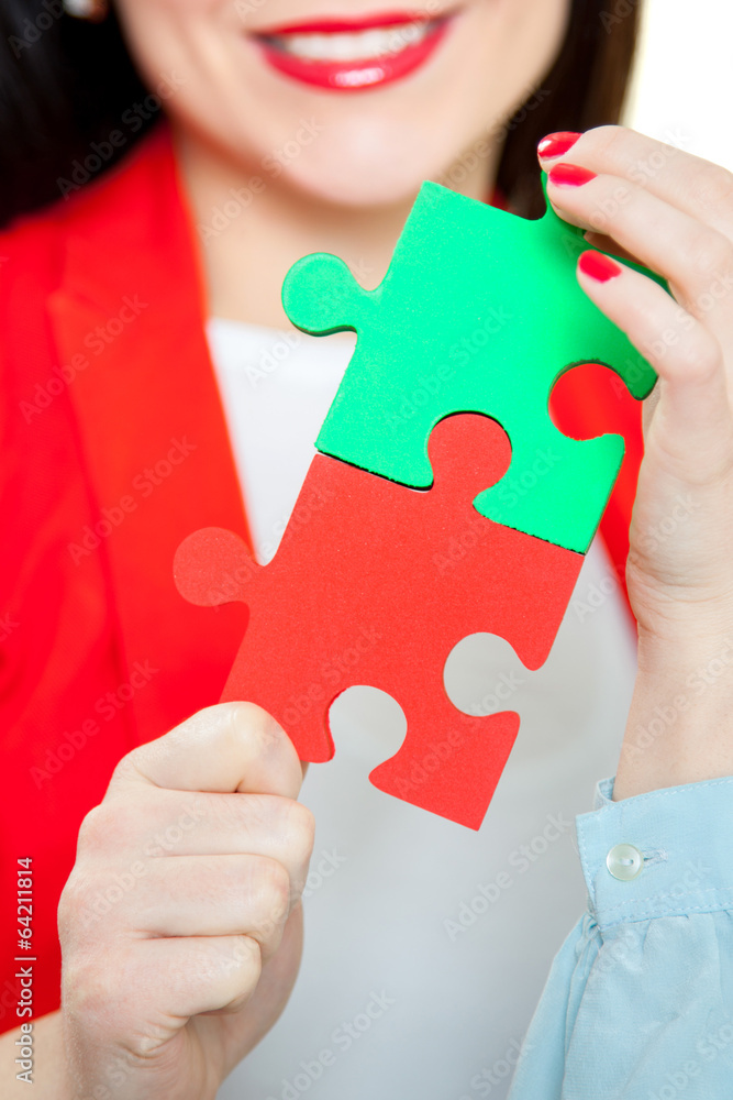 business women assembling jigsaw puzzle and business women assembling jigsaw puzzle and