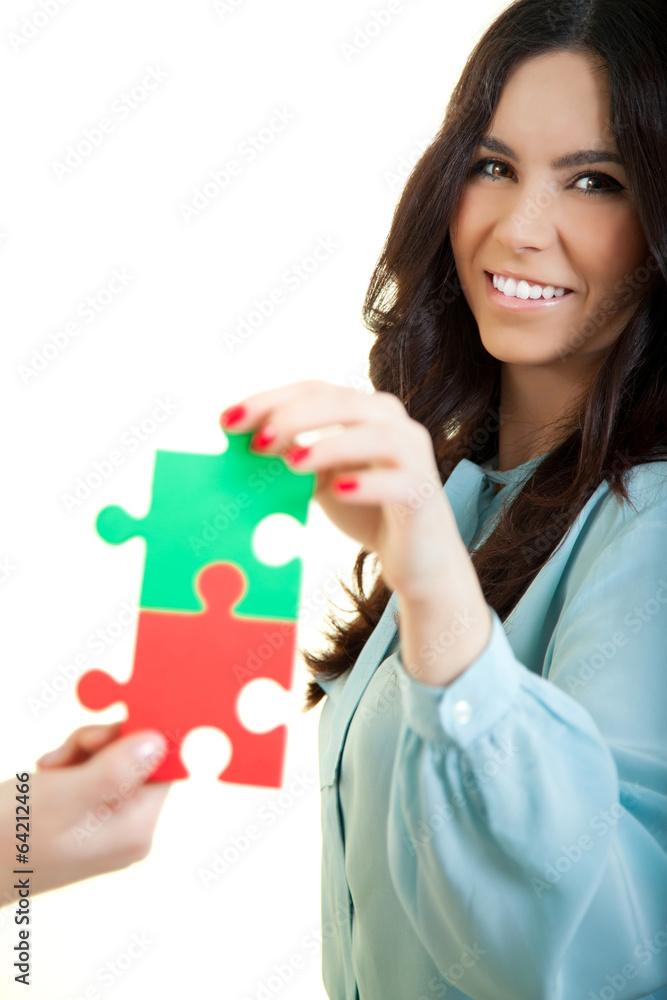 business women assembling jigsaw puzzle and business women assembling jigsaw puzzle and