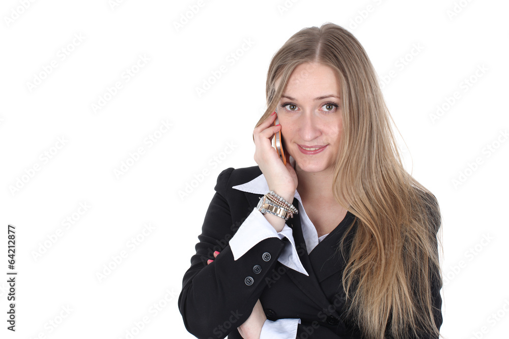 woman in business outfit talking to mobile isolated on white woman in business outfit talking to mobile isolated on white