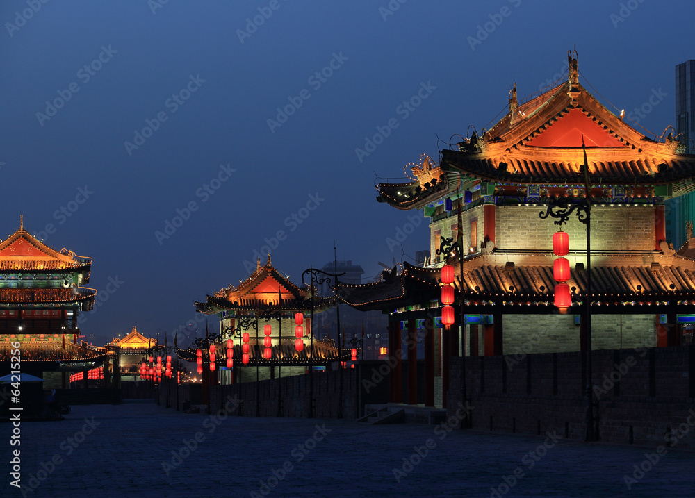 night scene at xian city wall,china 