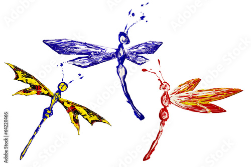 Red blue yellow paint made dragonfly set