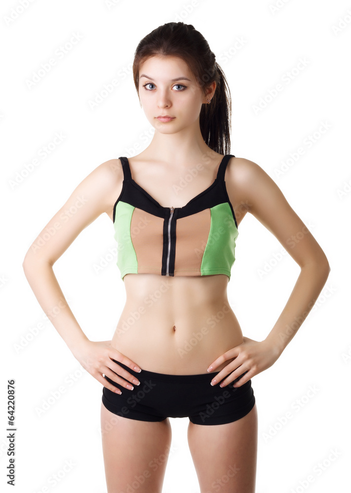 young beautiful sporty woman wearing sports shorts and top young beautiful sporty woman wearing sports shorts and top