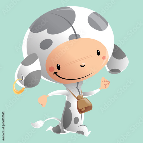 Cartoon happy smiling kid wearing funny carnival cow costume