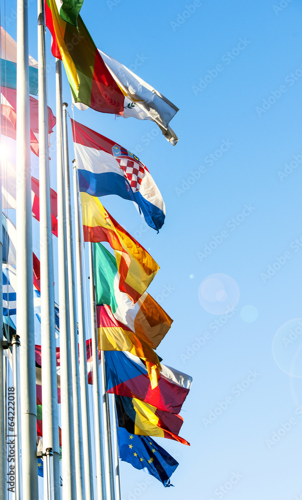 EU Member flags in front of European Parliament with lens flare