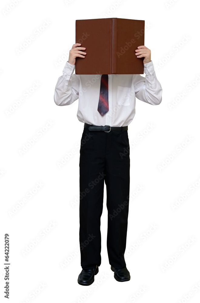 Businessman with a book instead of a head (with clipping path)