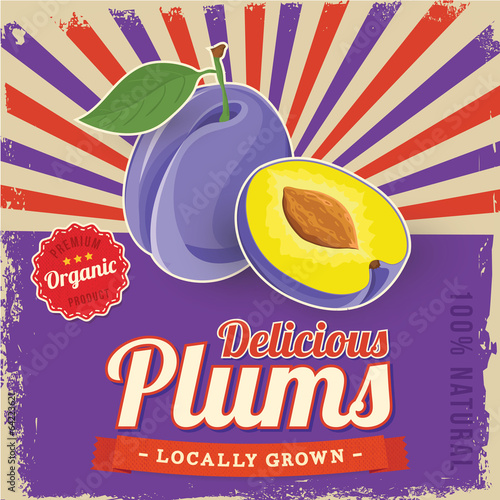 Colorful vintage Plums label poster vector illustration