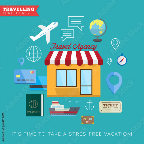 Travel and vacation flat vector icon set