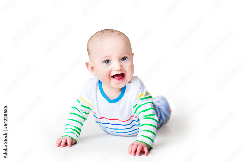 Portrait of happy laughing baby boy in a colorful shirt Portrait of happy laughing baby boy in a colorful shirt