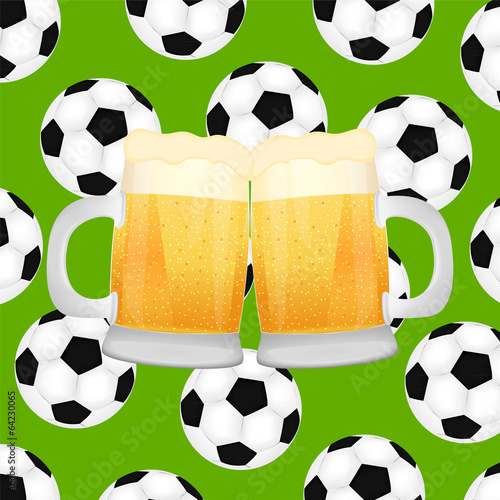two mugs of beer on background of soccer balls