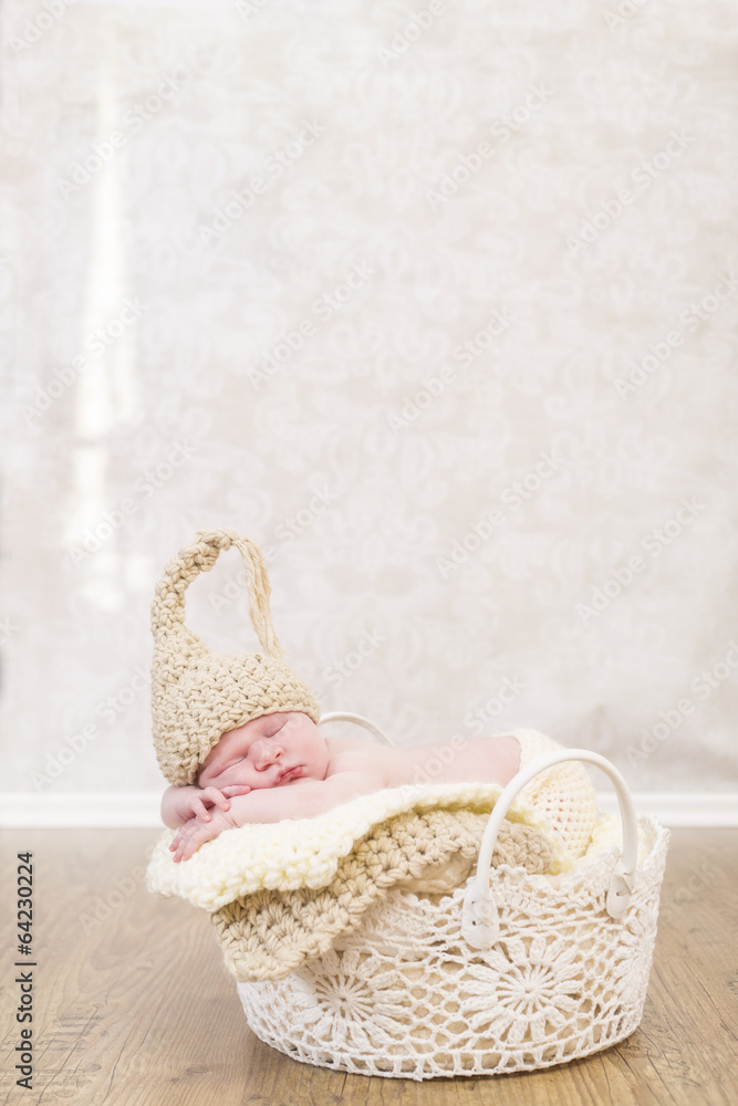 Newborn kleines Mädchen in einem Häkelkorb mit Mütze