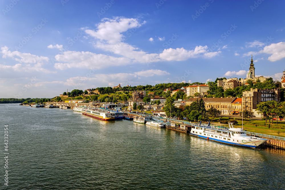 Belgrade from river Sava with tourist riverboats