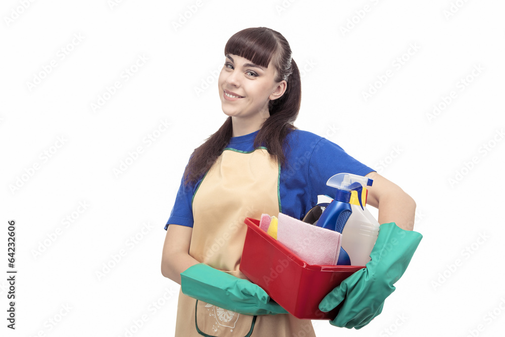 Portrait of Smiling Caucasian Cleaner Woman With Lots of Accesso Portrait of Smiling Caucasian Cleaner Woman With Lots of Accesso