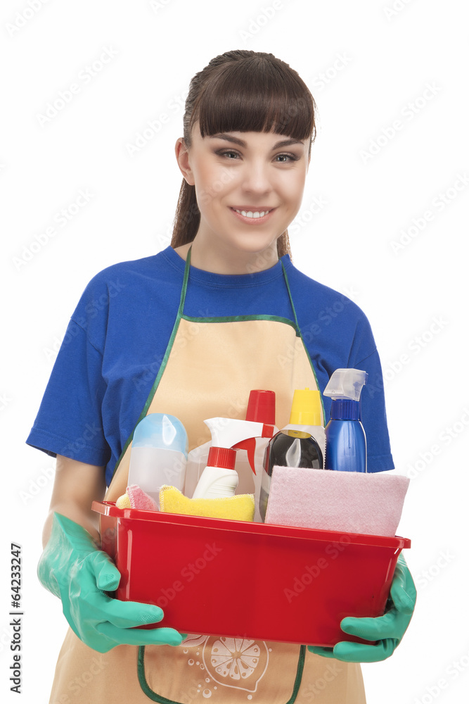 Happy Caucasian Female Servant With Cleaning Accessories Happy Caucasian Female Servant With Cleaning Accessories
