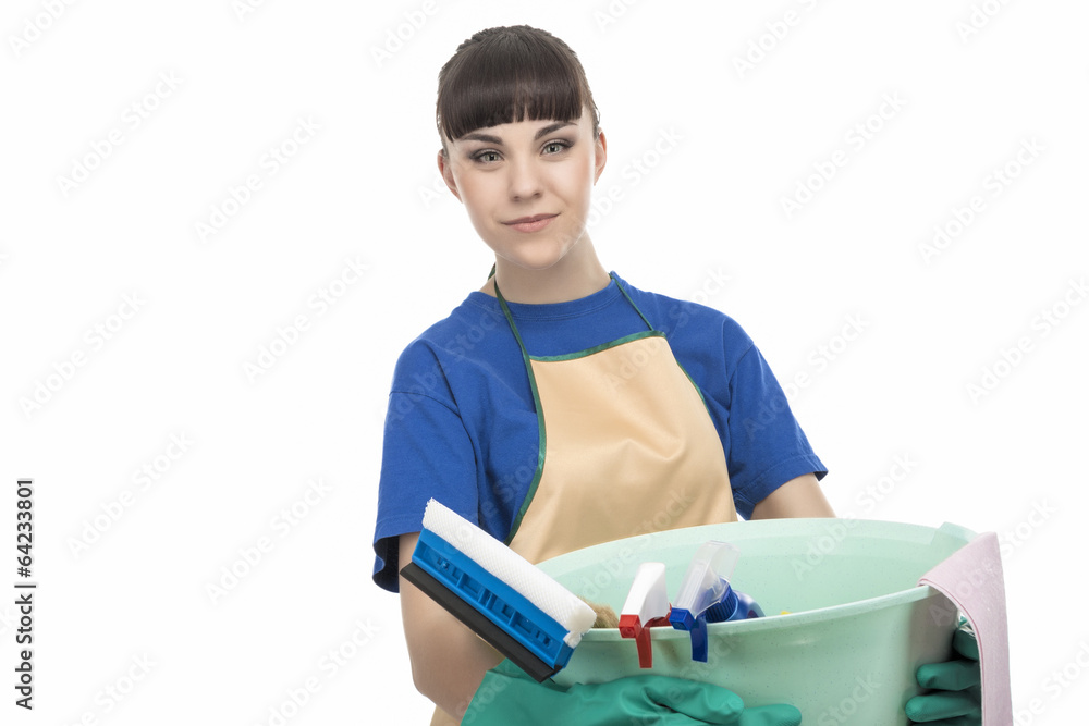 Caucasian Cleaner Maid Woman With Cleaning Gear Caucasian Cleaner Maid Woman With Cleaning Gear