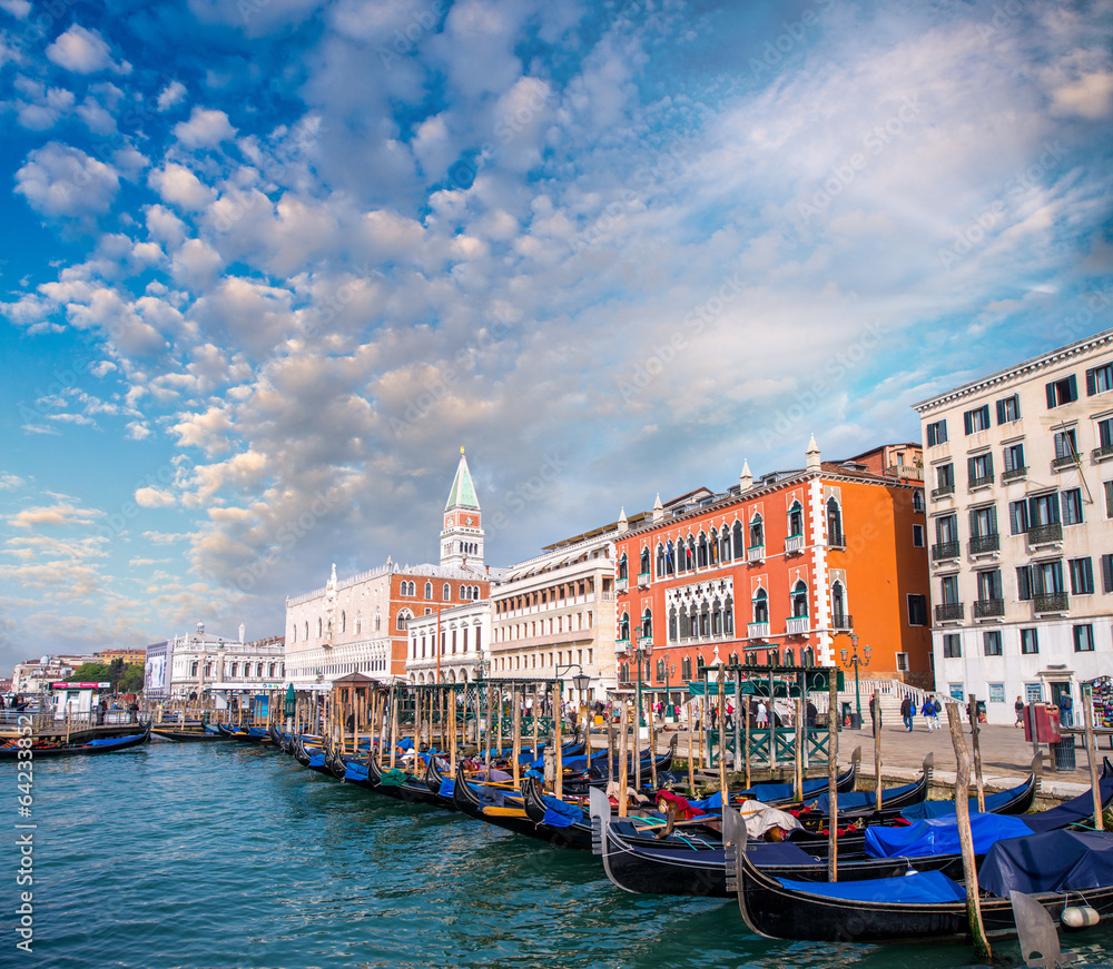 Row of famous Gondolas in Venice