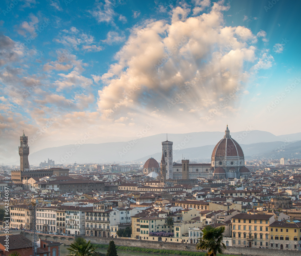 Florence, Tuscany. Aerial view of main city landmarks at sunset