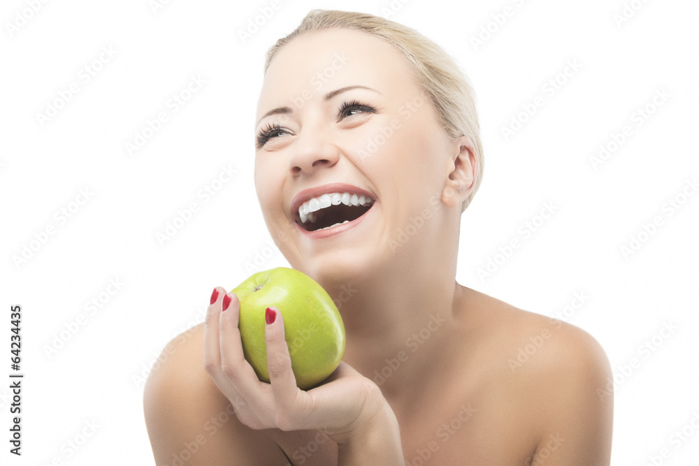 Caucasian Woman Dieting and Eating Apple. Healthy Lifestyle, Nut Caucasian Woman Dieting and Eating Apple. Healthy Lifestyle, Nut